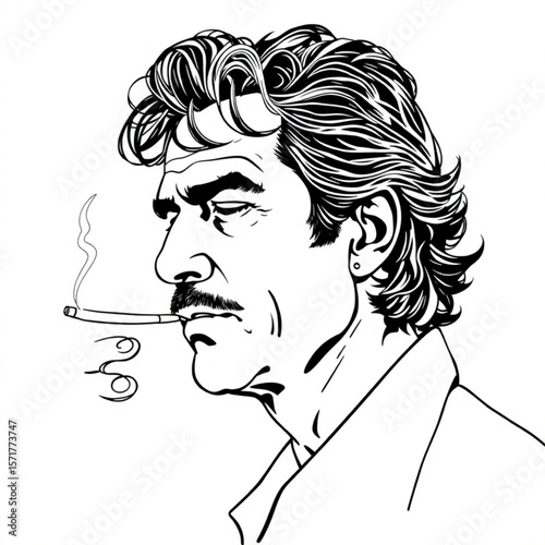 Man with mustache smoking a cigarette in black and white line art style with curly hair and earring detail