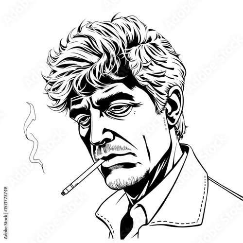 Illustration of a man with curly hair smoking a cigarette in black and white line art style drawing design