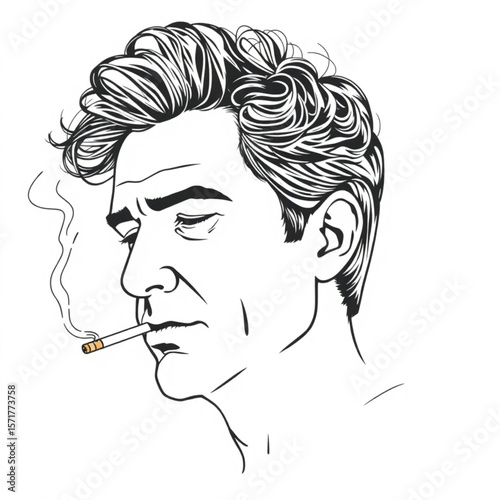 Line art portrait of a man smoking a cigarette with detailed hair and a serious expression on his face