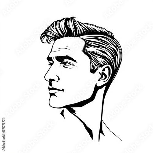 Illustration of a man's head and shoulders in profile with stylized hair and defined facial features
