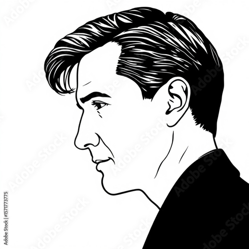 Illustration of a man's face in profile with detailed hair and black and white outline style drawing art