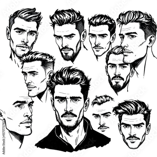 Collection of male faces with different hairstyles and facial hair in black and white drawing style