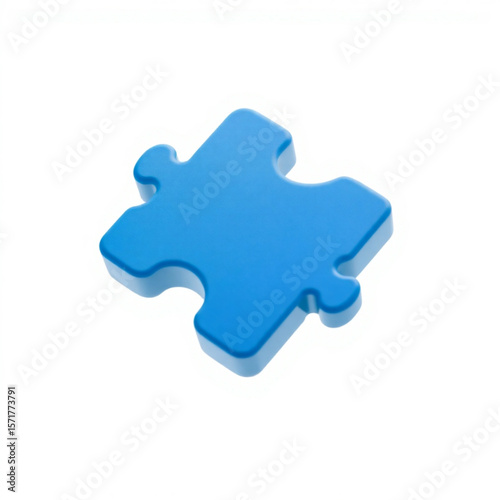 A single blue puzzle piece lying on a white surface with a soft shadow creating a three dimensional look
