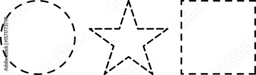 Dash line shapes. Dashed outline of circle, square, star on white background