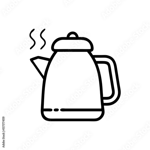 Minimalist black and white icon of an electric kettle with steam. Ideal for kitchen apps, home appliances dashboards, or food delivery platforms focused on tea and hot beverages.