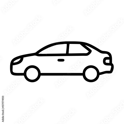 Black and white line icon of a sedan car. Ideal for transport apps, car rental services, automotive dashboards, GPS systems, or minimal vehicle icon sets.