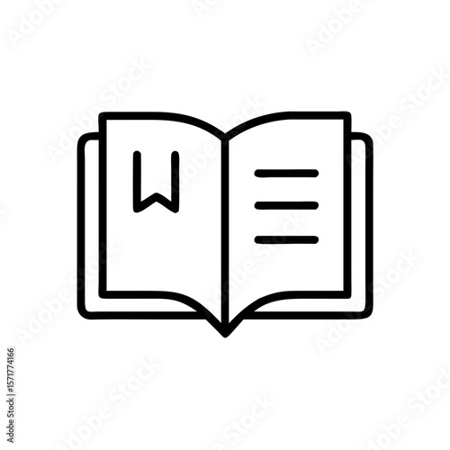 Black and white vector icon of an open book with a bookmark. Great for reading apps, learning dashboards, publishing tools, and educational infographics requiring an open book symbol.