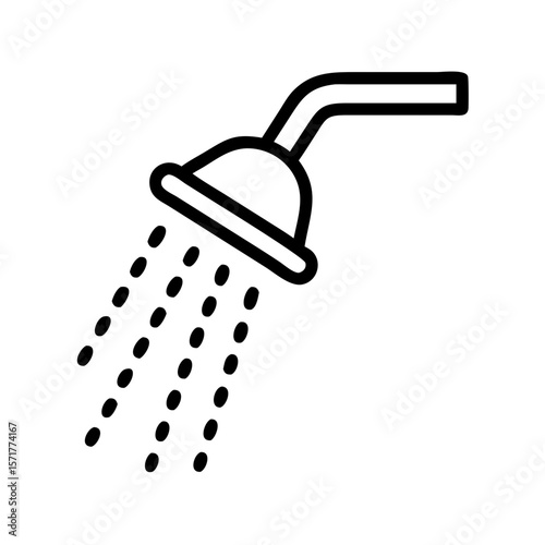 Black and white line icon of a shower head with water drops. Suitable for bathroom apps, hygiene infographics, hotel UI, or wellness websites that require a clean shower symbol.