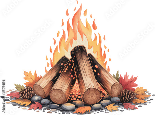 A watercolor illustration of a campfire with logs, flames, leaves, and stones on a white background


