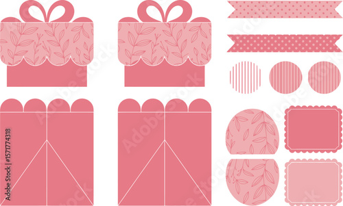 Pink gift box templates with floral patterns and ribbons for crafting and diy projects shown



