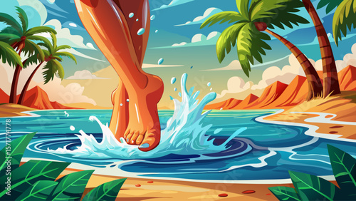 Female feet splashing in ocean water at tropical beach