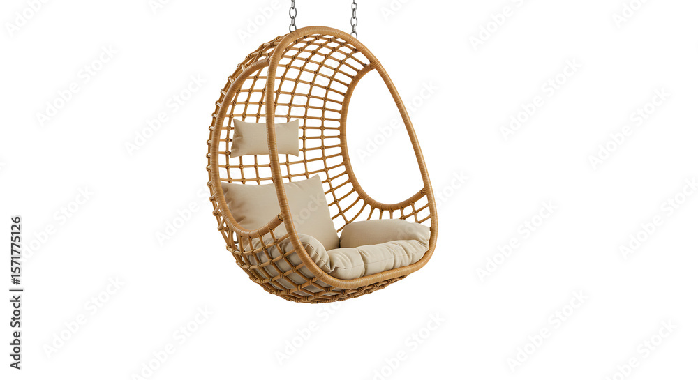 Obraz premium A cozy hanging rattan chair with soft cushions, ideal for relaxation in a serene outdoor garden setting