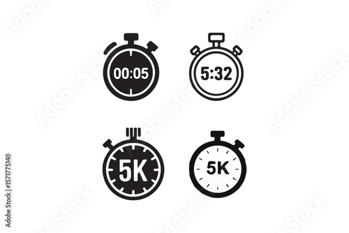 Set of Black and White Stopwatch Icons Showing Different Times.Four simple, black and white stopwatch icons displaying various time measurements.