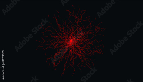 Abstract Red Neural Network Lines Radiating From Center On Black Background. Futuristic Tech And Brain-Inspired Concept Design for Science, Medicine, AI Tech, Machine Learning. Vector Illustration