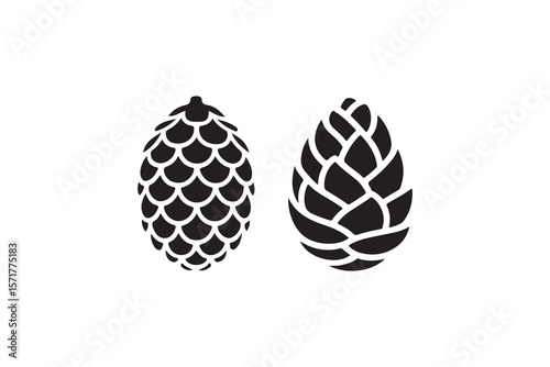 Two stylized pine cones in black silhouette.Two contrasting pine cone silhouettes, one with a classic scale pattern, the other with a more intricate, patterned design.