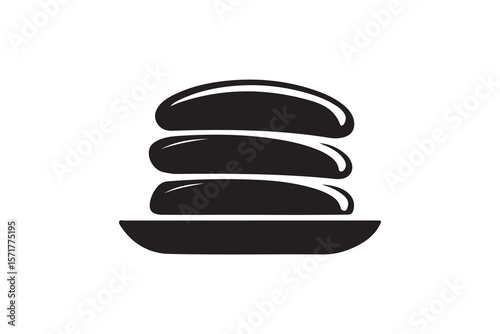 Stacked Food Items on a Plate, Simple Vector Illustration.A stylized black and white vector graphic of a stack of three food items (possibly pancakes, buns, or flatbreads) resting on a plate.