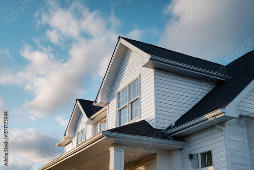 Fototapeta Naklejka Na Ścianę i Meble -  Modern white house exterior with sharp roof angles under a bright blue sky with scattered clouds