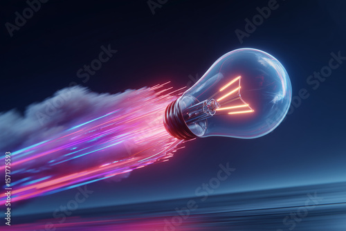Dynamic glowing light bulb flying swiftly with vibrant neon trails against dark background symbolizing innovation and fast ideas