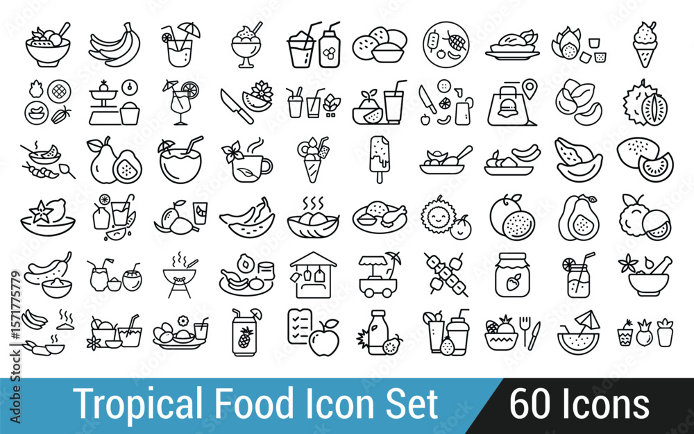 Naklejka premium Collection of tropical food and drink icons in outline style