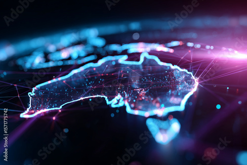 Futuristic Digital Map of Australia with Neon Network Connections and Glowing Data Points
