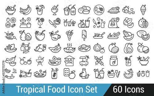 Collection of tropical food and drink icons in outline style