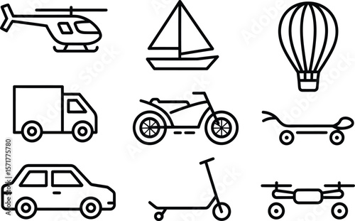 Collection of simple outline icons representing various modes of transportation and vehicles