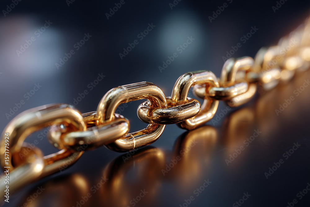 Fototapeta premium Close-up of shiny golden chain links reflecting light on a dark surface, symbolizing strength and connection