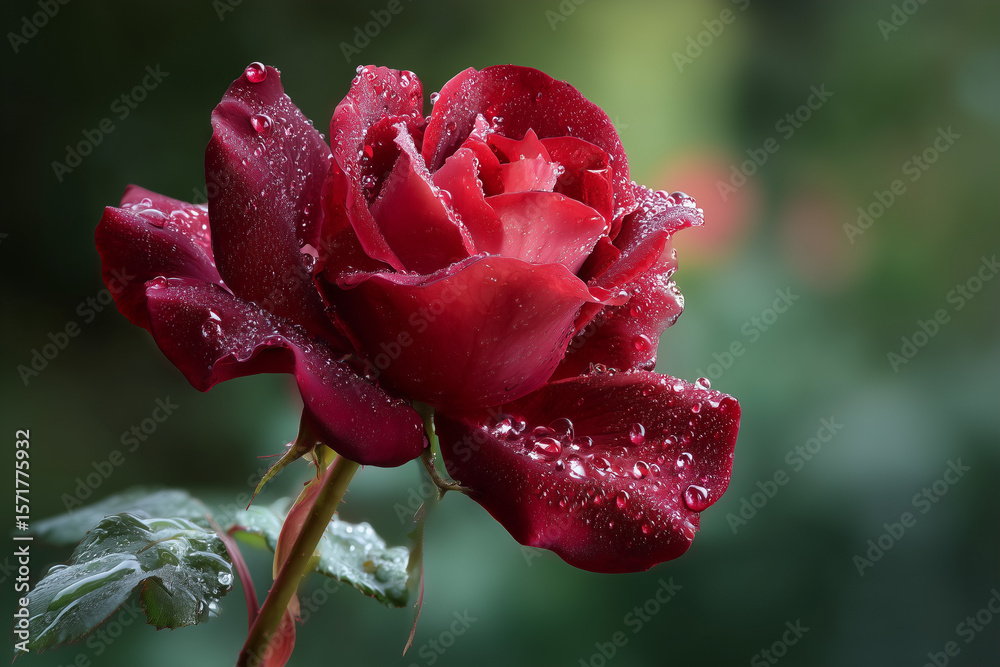 Obraz premium Close-up of a vibrant red rose covered in fresh water droplets against a blurred green background