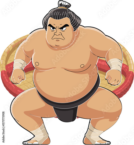 Cad drawing flat vector illustration of angry sumo wrestler in traditional stance, Japanese martial arts culture cartoon style character