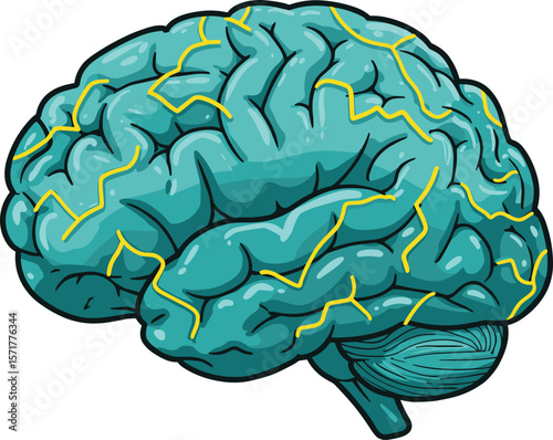 Cartoon Human Brain with Electric Impulses Illustration, Creative Neuroscience Concept Art, Mental Health, Intelligence, and Mind Function Design