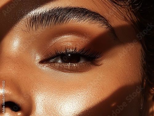 A close-up of a smooth, glowing forehead with natural sunlight highlighting healthy skin texture, framed by soft strands of hair and delicate makeup.