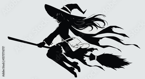 Flying Witch Silhouette on Broomstick