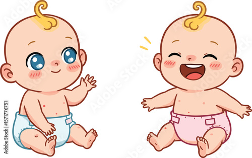 Cute Cartoon Baby Boy and Girl Sitting, Smiling and Playing, Adorable Infant Character Illustration for Nursery, Family, or Education Design