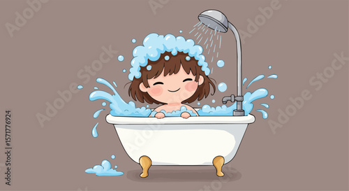 Happy Little Girl Taking a Bubble Bath in Bathtub