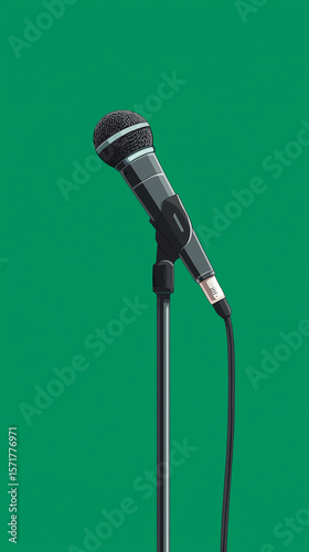 black microphone on stand with green background isolated for audio recording and singing
