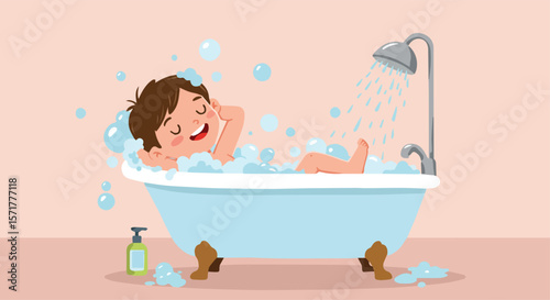 Happy Boy Taking a Bubble Bath in Bathtub