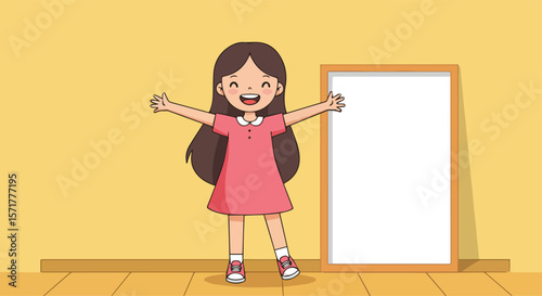 Happy Little Girl with Braces Standing Next to Blank Board
