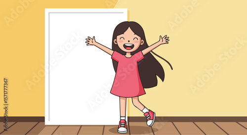 Happy Little Girl with Braces Standing Next to Blank Board