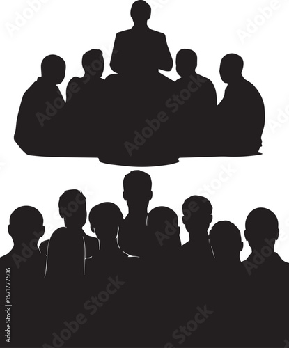 Silhouettes of People in a Group Meeting, Conference, or Discussion with Focus on Collaboration, Teamwork, and Communication for Professional or Social Settings