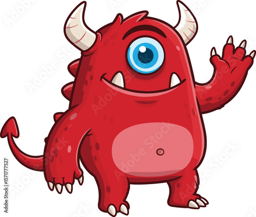 Red cartoon monster cad drawing flat vector illustration, one-eyed creature with horns and claws waving happily, front view fantasy character pose