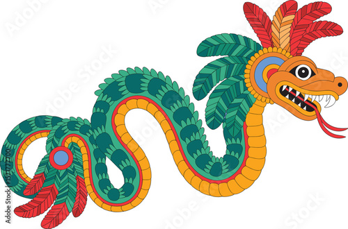 Traditional Aztec Feathered Serpent Quetzalcoatl Illustration, Colorful Mesoamerican Mythological Snake God Design, Tribal Ancient Art for Decoration Use