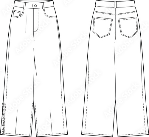 Wide Leg Denim Pants CAD Template, Flat Fashion Vector Illustration, High Waist Trousers Design for Sewing Pattern, Technical Drawing