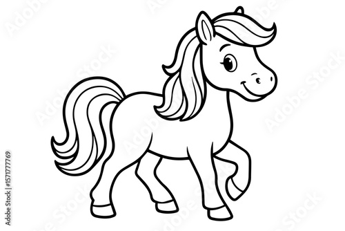 Friendly Cartoon Horse Trotting Isolated Vector Coloring Page for Kids