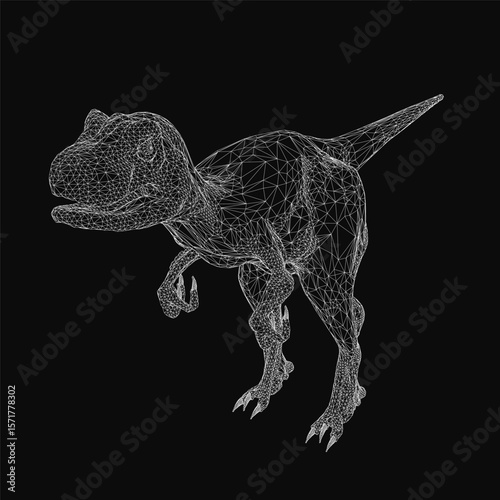 A 3D wireframe T-Rex stands prominently on a black background, composed of interconnected geometric shapes and lines. The detailed skeletal structure highlights the dinosaur's powerful form and sharp.