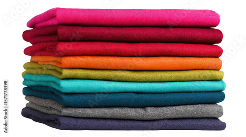 A colorful stack of folded fabrics in shades of pink red orange yellow and blue