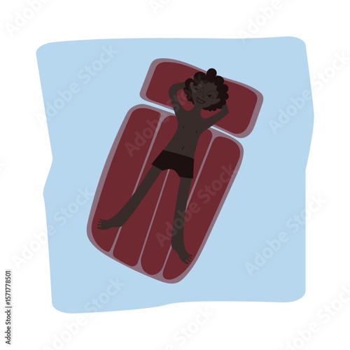 Black curly boy swims in the pool or sea on an inflatable mattress. Square scene. Vector illustration for advertising, poster, postcard or brochure about your tourist complex