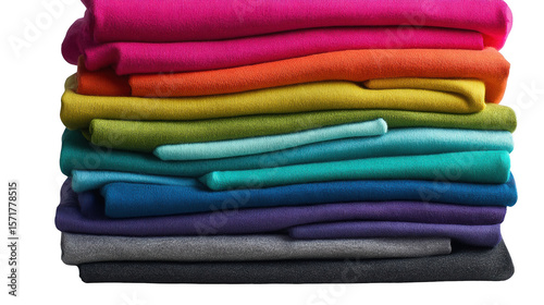 A colorful stack of neatly folded fabrics arranged in a vibrant rainbow pattern