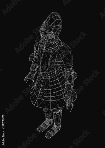 A black and white wireframe of a medieval knight in armor, wearing a helmet and full suit, resembling a character from Star Wars: The Force Awakens. The detailed design stands out against a dark.