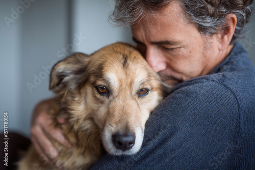 Man holding dog close as thunder rumbles, comforting gesture, emotional bond.
