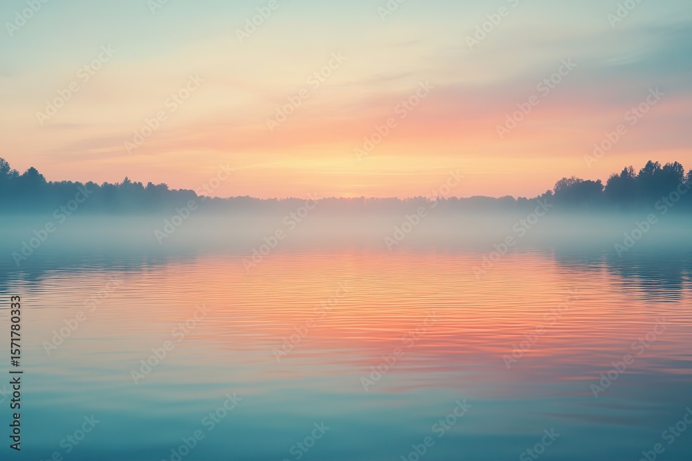Naklejka premium Tranquil evening sky at sunset casting warm hues over a serene lake